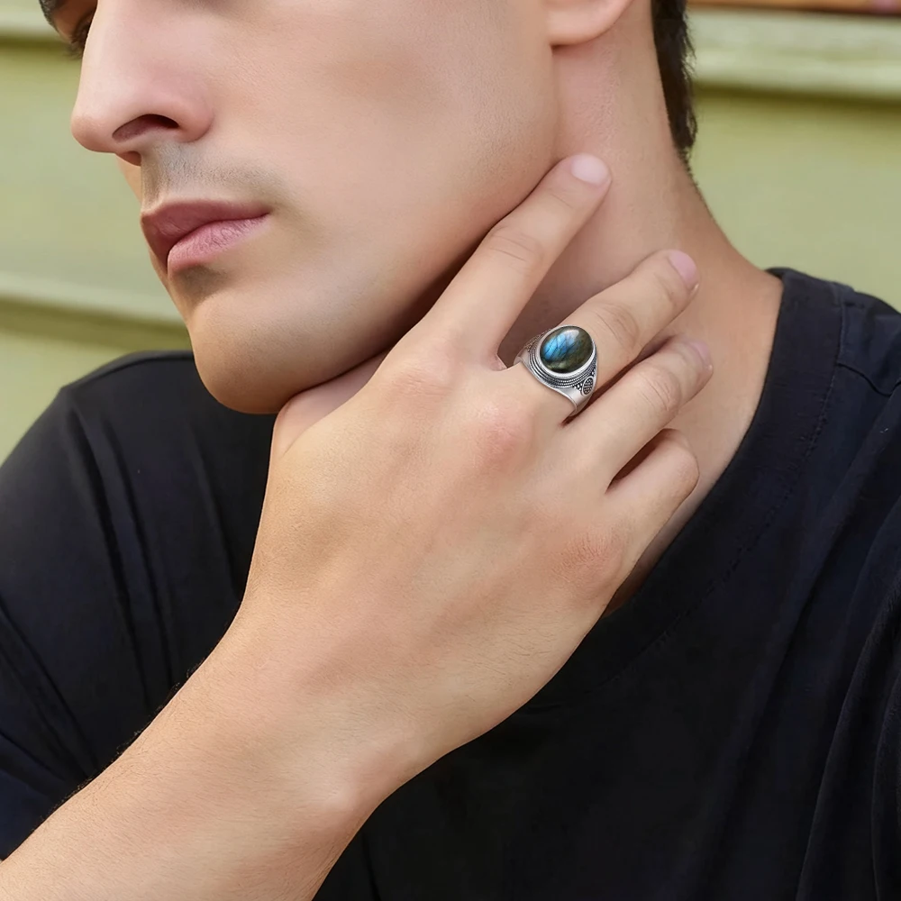 خمر S925 فضة 10*14 مللي متر اللابرادوريت الدائري مع Moonstone كبير الحجر الطبيعي خواتم ريترو بوهو مجوهرات للرجال النساء