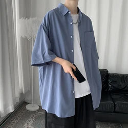 Men's Short Sleeve Shirt Men's Solid Color Shirts 2023 Fashion Casual Oversize Tops Korean Streetwear Male Clothing S-5XL