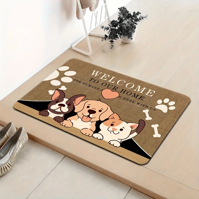 VIKAMA Cute Dogs And Cat Welcome Entry Doormat Paw Bone Letter Print Wear‑resistant Non‑slip Absorbent Household Entrance Floor