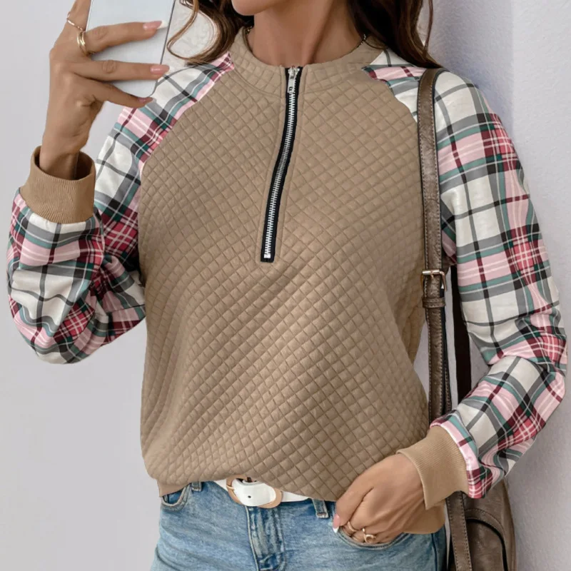 Autumn Winter Versatile Office Commuting Half Zipper Plaid Color-blocking Pullover Jersey Invierno Mujer Sudaderas Con Estampado