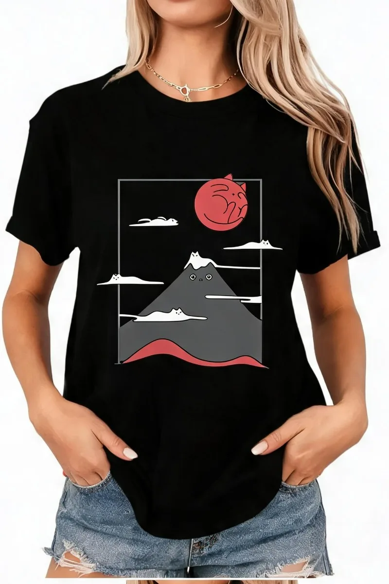Women 100% Cotton Casual Top Japanese Mount Fuji Cat Landscape Print Oriental Art Casual Crew Neck Short Sleeve Top