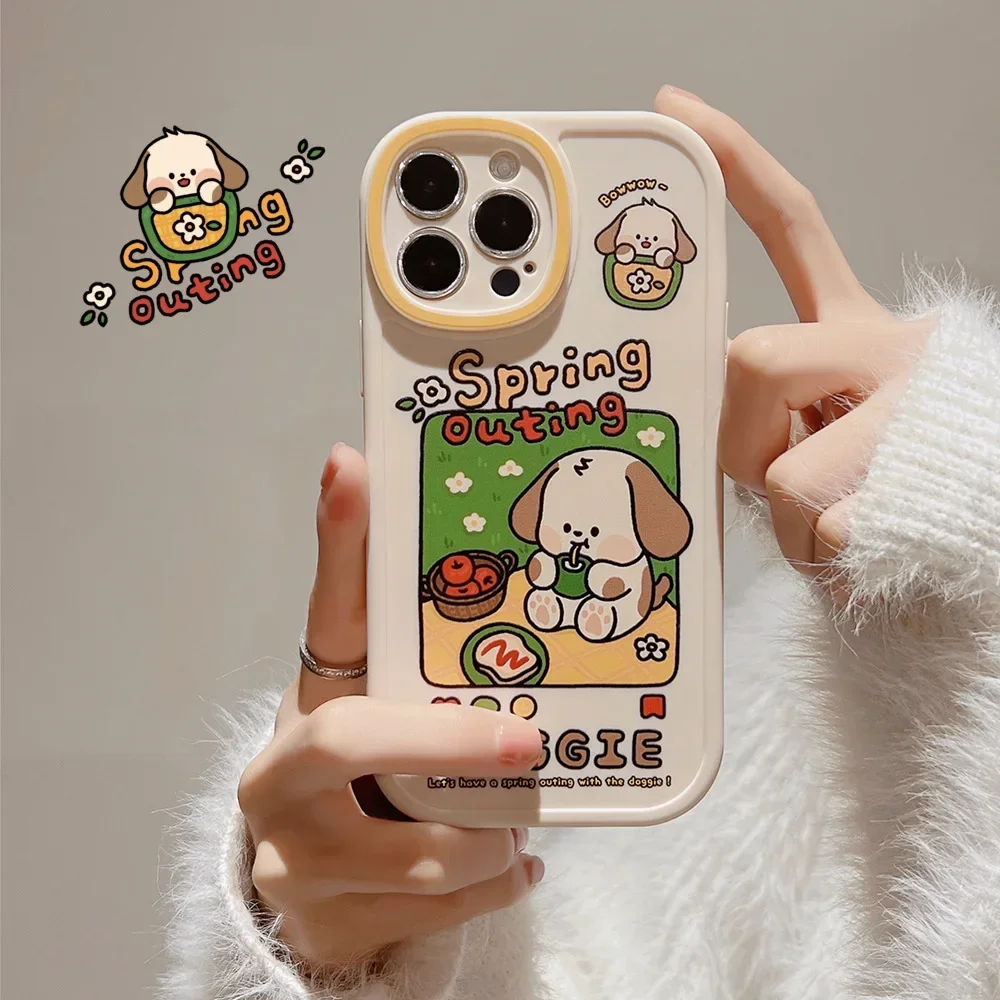 Retro spring picnic puppy dog art Kawaii Phone Case For iPhone 16 15 14 13 11 12 Pro Max 14 Plus XR Xs 15 Plus Case Cute Cover