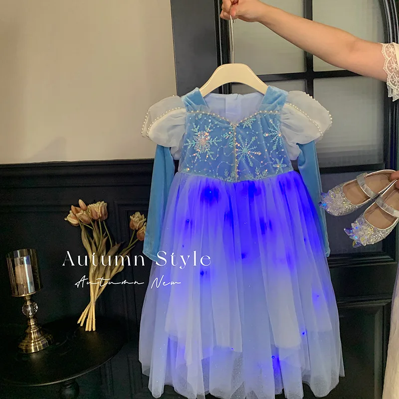 \' Luminous Princess Autumn Children Girls\' Birthday Dress Blue Puffy Tulle Skirt