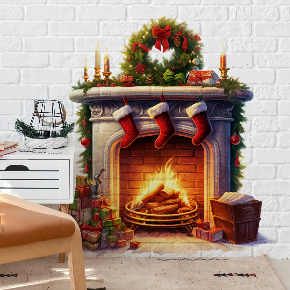 Contemporary PVC Wall Decal Set, 2Pcs Christmas Fireplace and Stockings Scene with Wreath, Self-Adhesive Peel and Stick Wall Sti