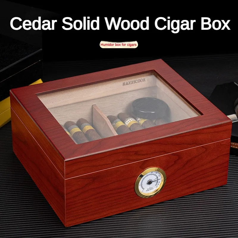 

Wooden Cigar Case Pine Wood Large Capacity Visual Skylight Cigar Humidor Organizer with Humidifier Mechanical Thermometer