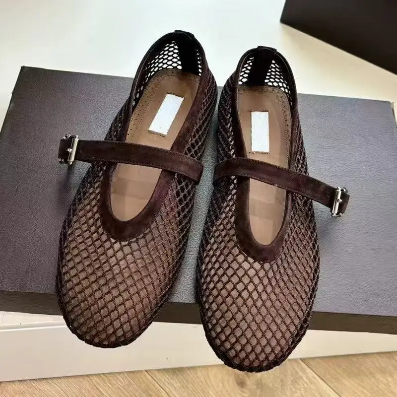 Mesh Buckle Strap Ballet Shoes For Women, High Version, Summer Retro Hollowed Out Fishing Net, Mary Jane Single Shoes, Flat Shoe