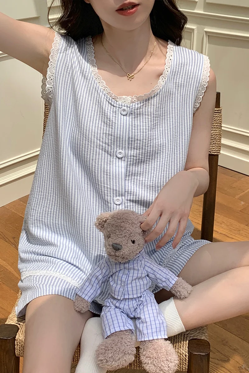 

Striped round neck women's summer lace lace cardigan vest, plus size pajamas, home wear 2025 new item can be worn outside
