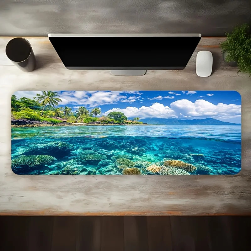 1PC XXL Desk Pad Stitched Edge 1PC Large Keyboard Desk Protector Mat 1 large electronic sports game mouse pad, blues island