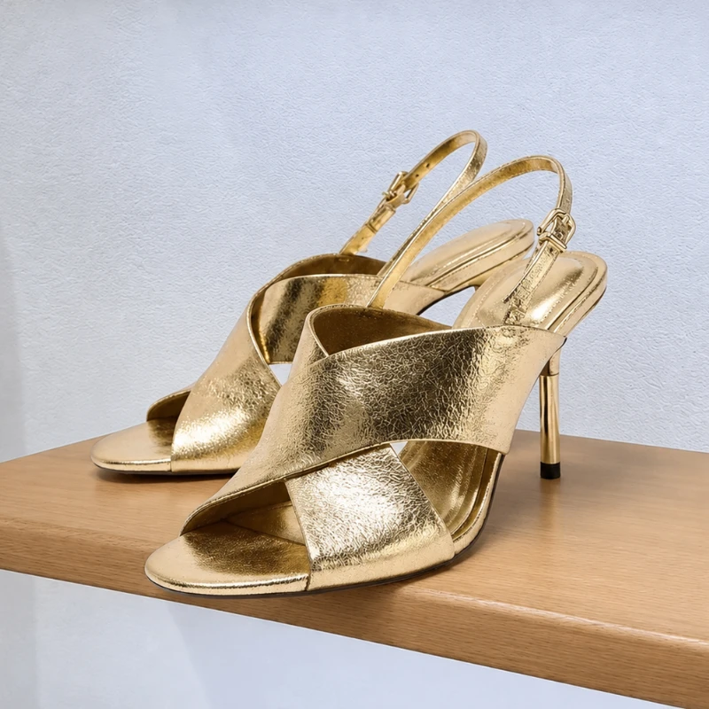 Women Gold PU Leather Stiletto Sandals Open Toe Cross Strap Slingback High Heels for Evening Party Wedding