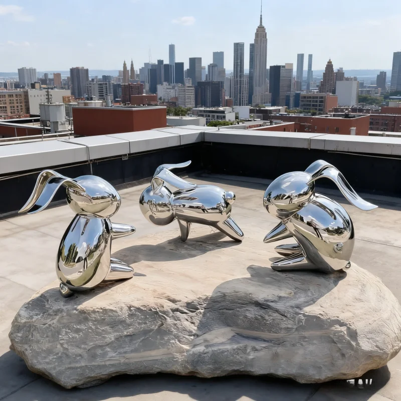 Metal Mirror Surface Rabbit Sculpture - Indoor Outdoor Decor for Lawn Garden Park Villa Shop Living Room Corridor Hotel Store