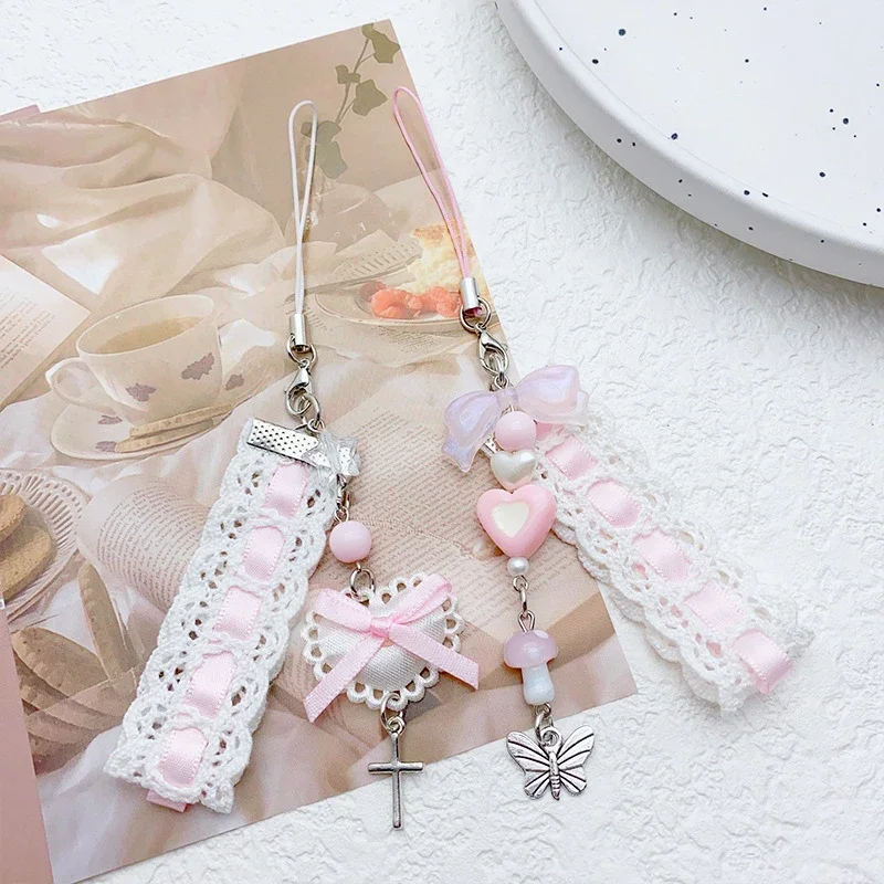 Sweet Lace Ribbon Keychain Cute Bow Heart Pendant Keyring Phone Charm Lanyard Bag Earphone Case Pendant Decoration Accessories