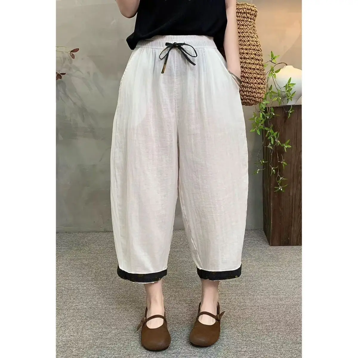 

Korean Style plus Size Women's Cotton Linen Harlan Pants Dad Pants Wide Leg Casual Pants High Waist Straight Leg Summer New