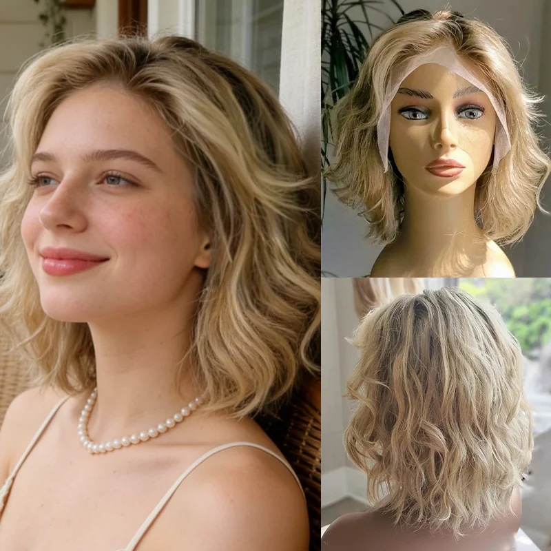 

Модный короткий женский парик для повседневного использования, с мелированием золотисто-русого цвета, синтетический парик с кружевной передней частью, предварительно выщипанный, термостойкий, 13x4