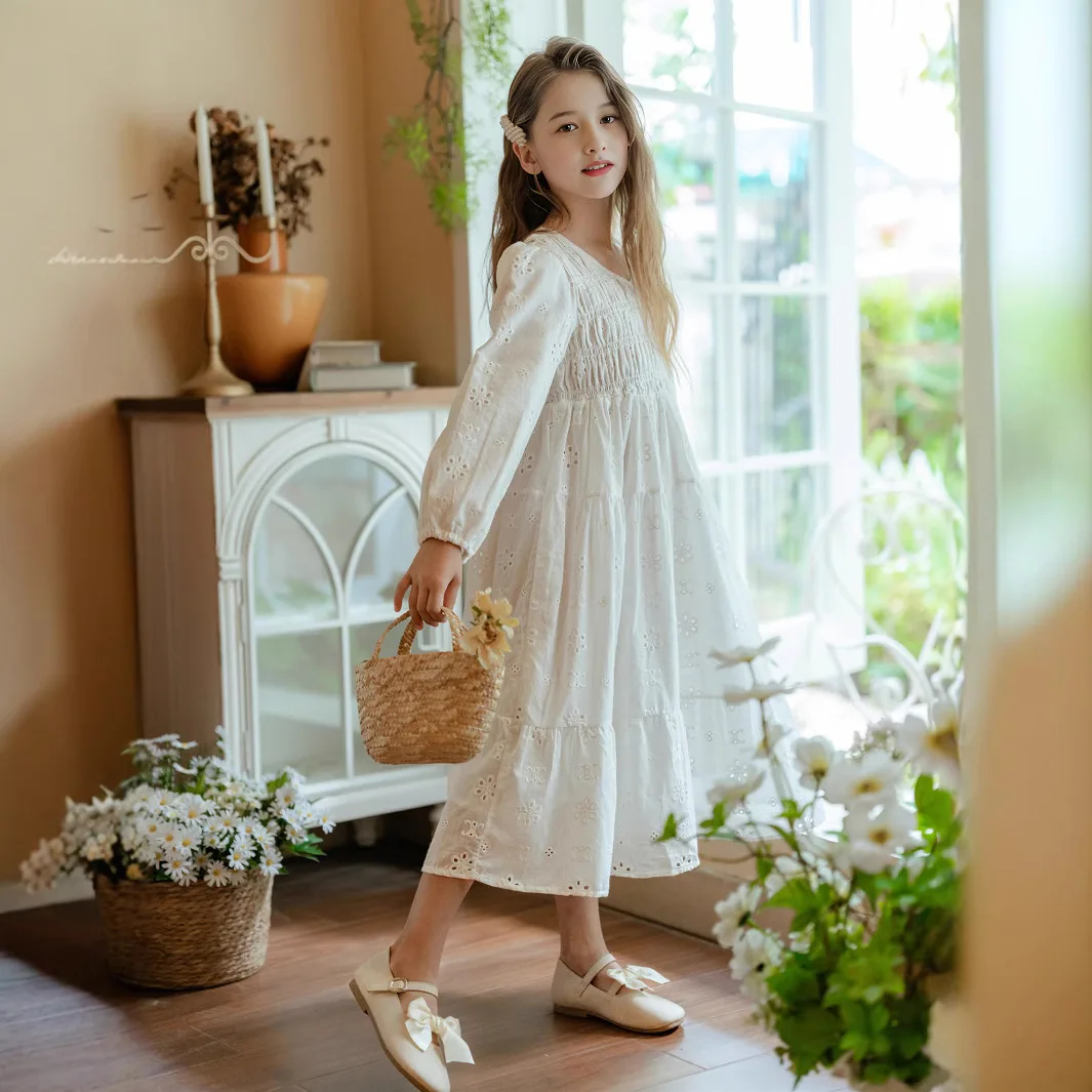 2026 Spring Girls White Dress Lace Cotton Long Sleeve Princess Dresses for Kids Stylish Birthday Outfit Teen Children Clothes