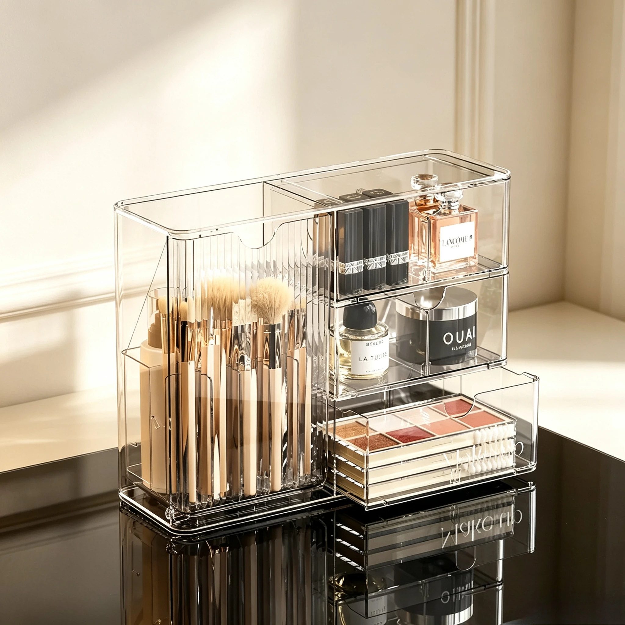 Clear Acrylic Makeup Organizer Large Capacity Divided Drawers Flip-Top Bathroom Skincare Storage Rack, Customized