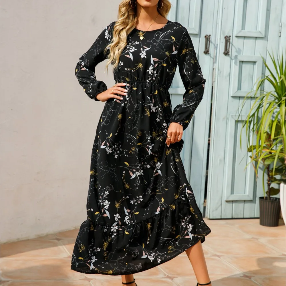 Para Mujer 2026 otoño moda bohemio Vestido grande Swing Vestido Mujer OL ropa estampado Floral cuello redondo Vestido de manga larga