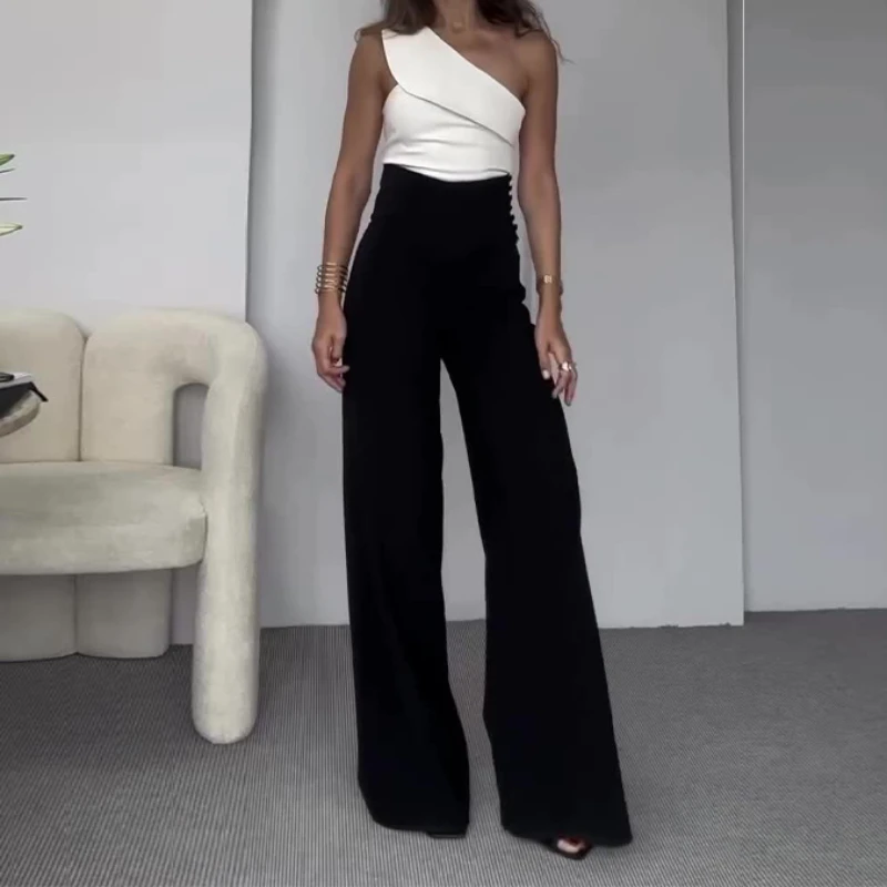 

Women Two Piece Sets Sexy Pants Set Elegant Splice Skew Collar Sleeveless Tops Slim Fit Wide Leg Long Pants Solid High Waist