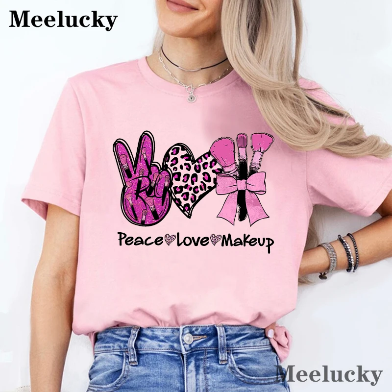 Peace Love Make Up Printed Women Short Sleeve Casual Tee Clothing Breathable O-Neck Tops Trend Female T-Shirts ﻿