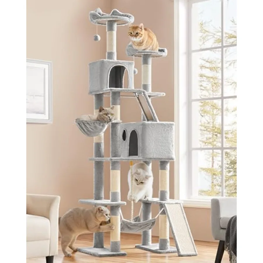 

Большой кошачий комплекс 82,5 дюйма с гамаком, 2 лежанками в форме кошачьих ушей, 2 уютными домиками, когтеточками и корзиной – мебель для крупных кошек и котят