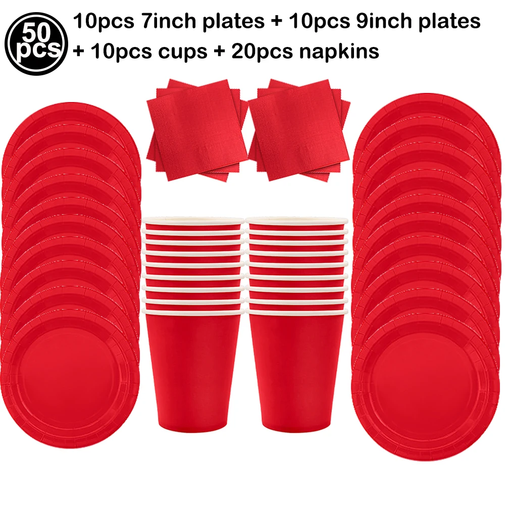 الصلبة الأحمر موضوع أدوات المائدة القابل للتصرف أطباق الورق الأحمر صينية طعام أكواب منديل ملاعق مفارش المائدة حفل زفاف عيد ميلاد الديكور