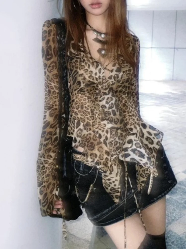 

Женская блузка с леопардовым принтом, весна 2026, новинка, винтажный уличный стиль Y2K, топ с V-образным вырезом, длинный рукав, шифоновая рубашка