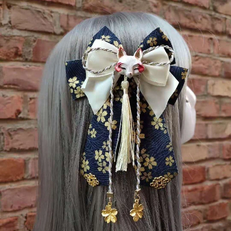 Yae Miko Cos Retro Fox Sakura Tassels Cute Big Bowknot Hairpin Headwear Japanese Kimono Haori Lolita Hair Accessories Side Clip