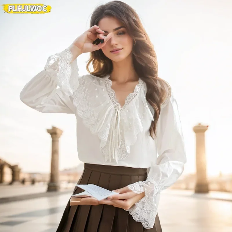 Hollow Out Lace Basic Shirts Blouses Women Fashion Long Sleeve Elegant Office Lady Solid White Ruffled Chic Cotton Tops Blusas