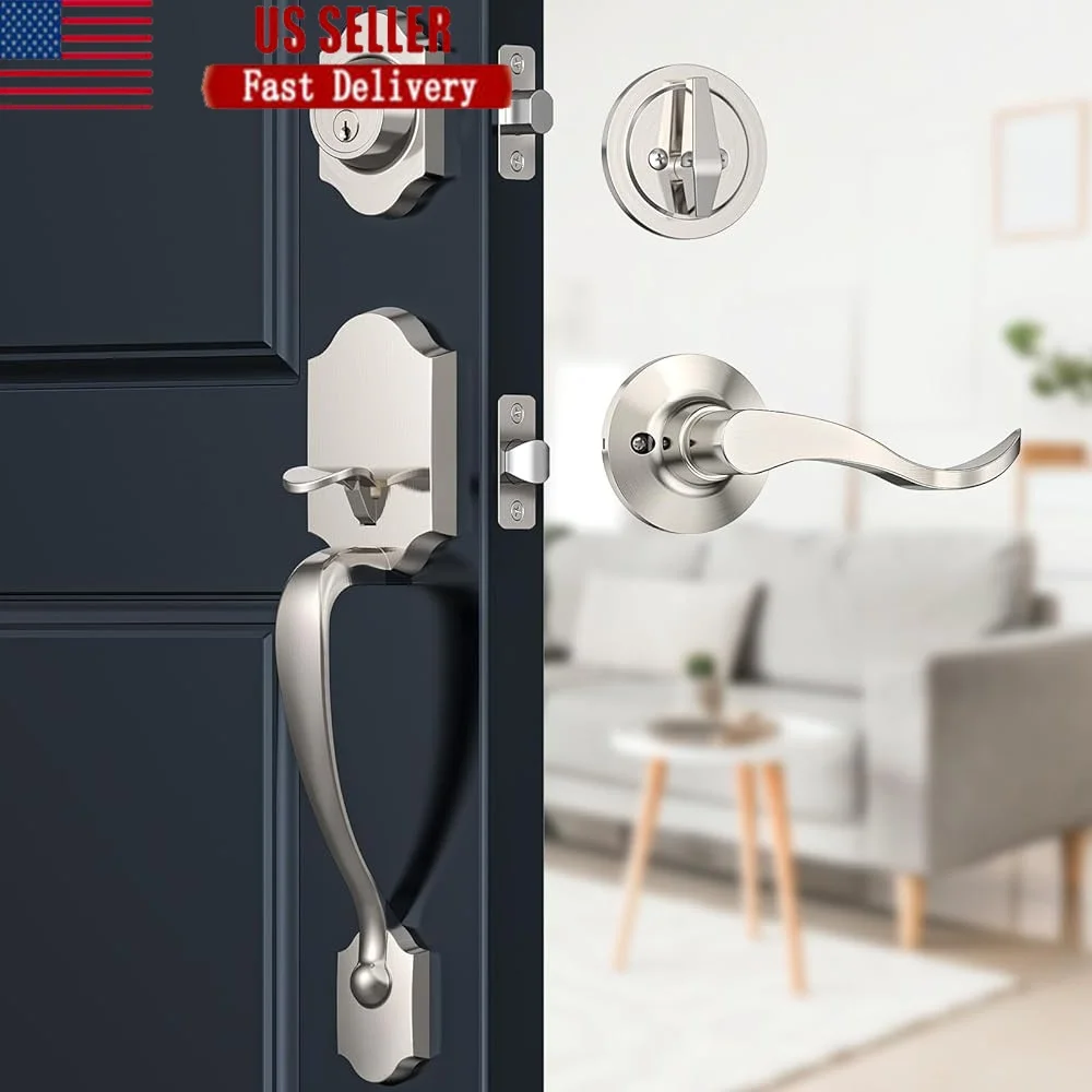 

Satin Nickel Door Handle Set With Lever Reversible Deadbolt Lock Durable Adjustable Latch Perfect For Home Office Security