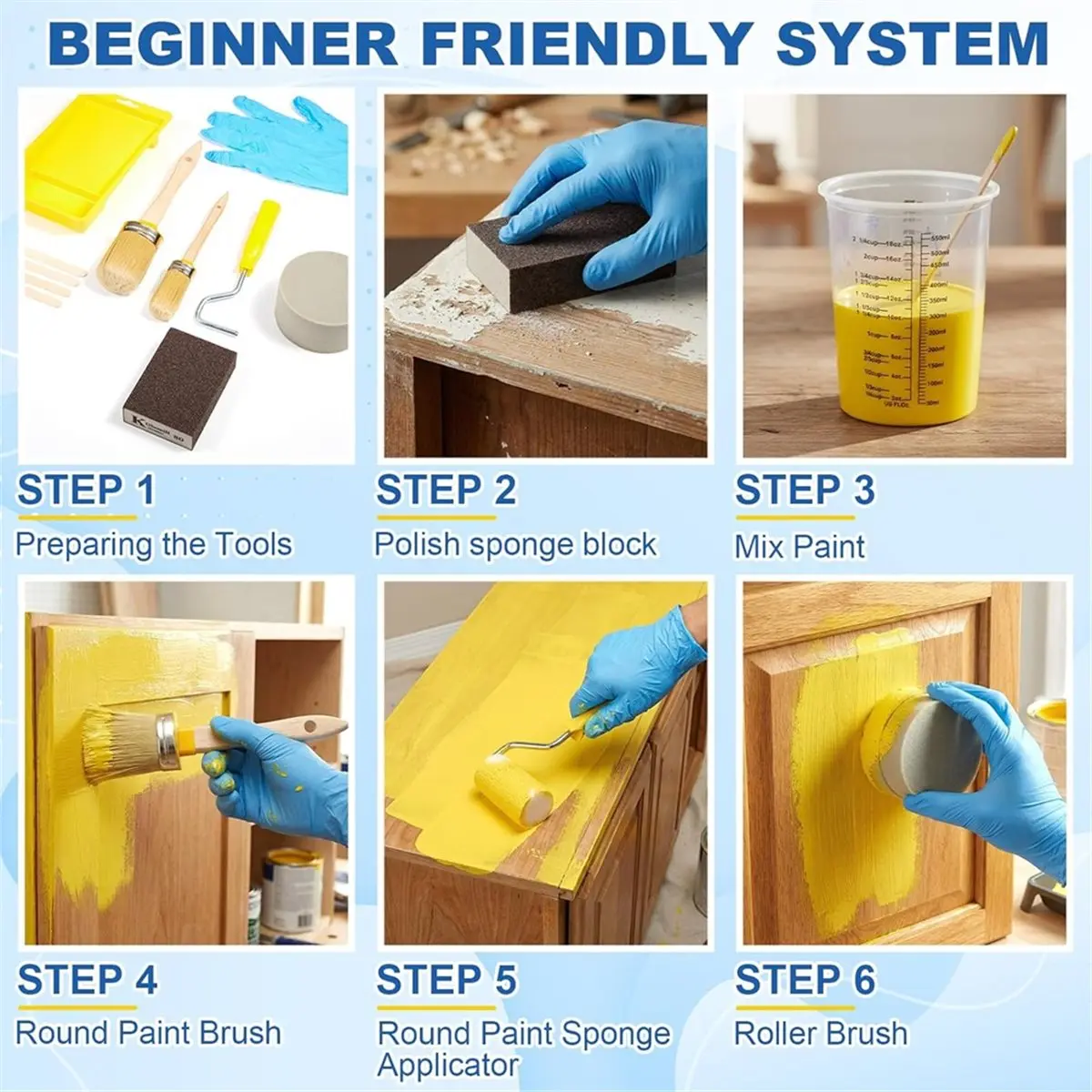 

Набор из 20 предметов: кисти и валики для покраски, губка, подкладка для подноса, нитриловые перчатки, губчатый блок, палочки и стаканы для смешивания краски.