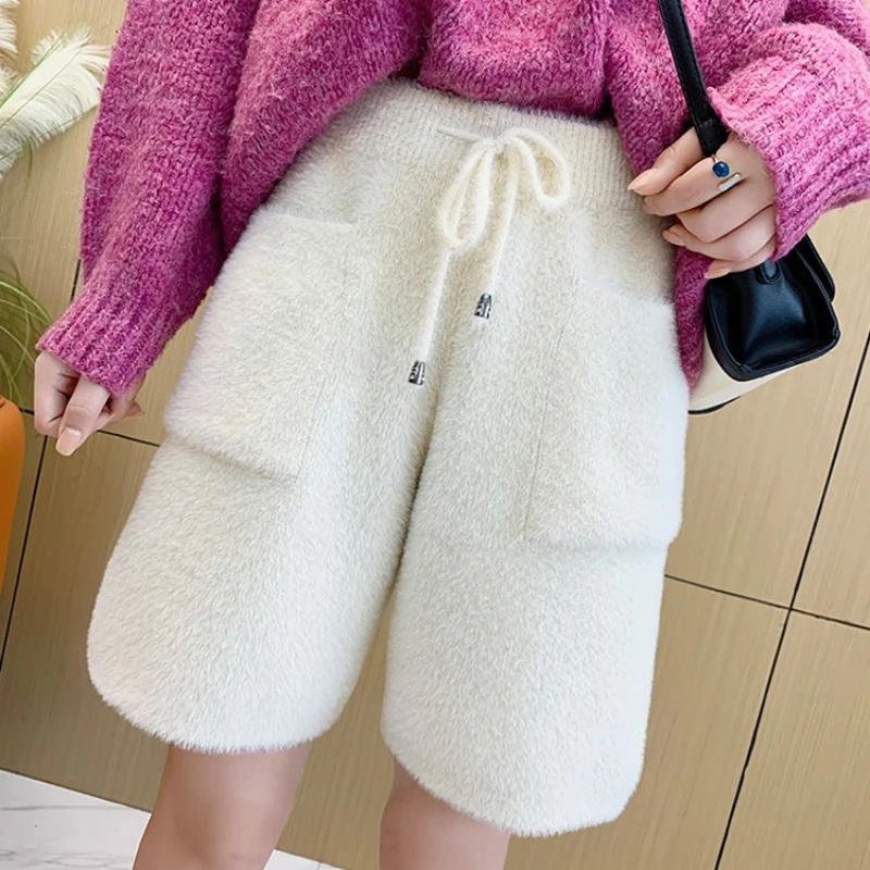 기질 패션 가을 겨울 새로운 모직 여성 솔리드 탄성 높은 허리 주머니 Drawstring 세련된 느슨한 a 라인 와이드 레그 반바지