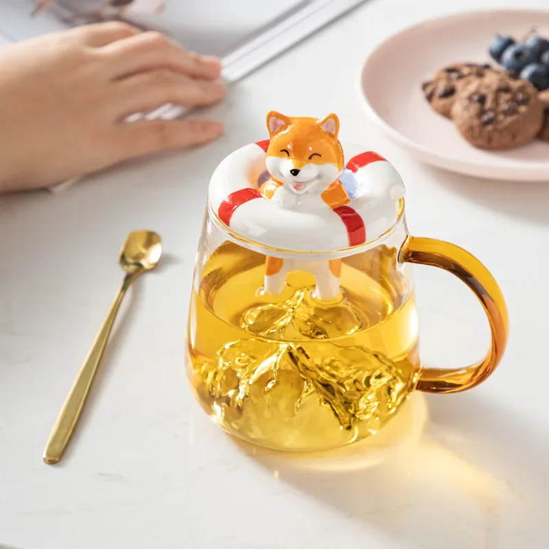 Unique 3D Dog Glass Mug With Spoon Lid Kawaii Cups of Coffee Tea Cup Cupshe Personalized Gift Drinking Glasses for Drinks Mugs