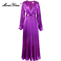 MoaaYina Autumn Fashion Runway Purple Elegant Pleated Dress Women Lantern Sleeve High Waist Holiday Party Slim A-LINE Long Dress