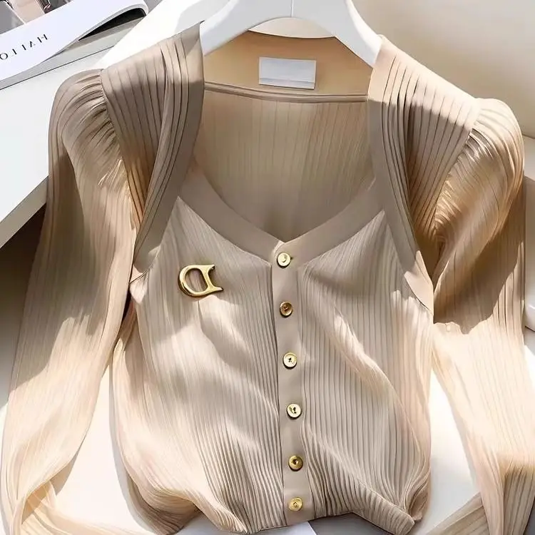 

Vintage Khaki Letter Blouse Women Long Sleeved Korean Fashion Chic Elegant Fake Two-piece Shirts for Women Harajuku Tops Mujer