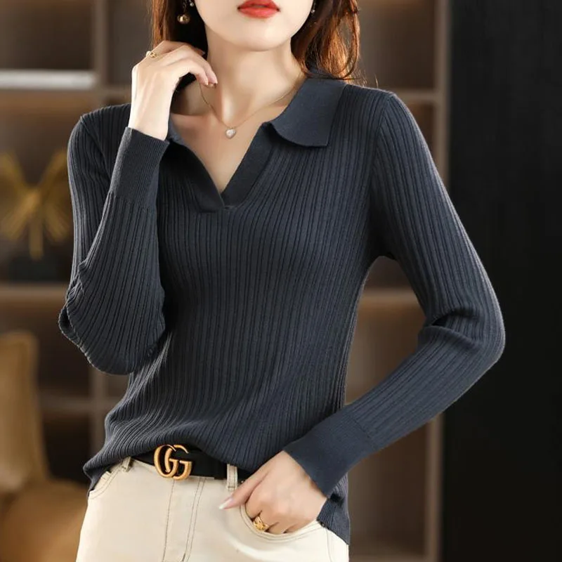 New Autumn Fashion Trend Polo Polo Polo Collar Warm Fit Versatile Western Style Reduced Age Long Sleeve Knitted Women\'s Sweater