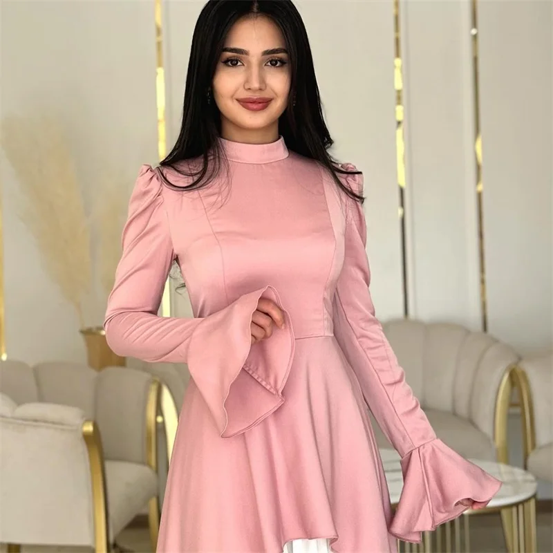 Pink White Evening Dress High Neck Full Sleeves Splicing Color Sheath Slim Sexy Long Formal Casual Birthday Prom Dress Robe