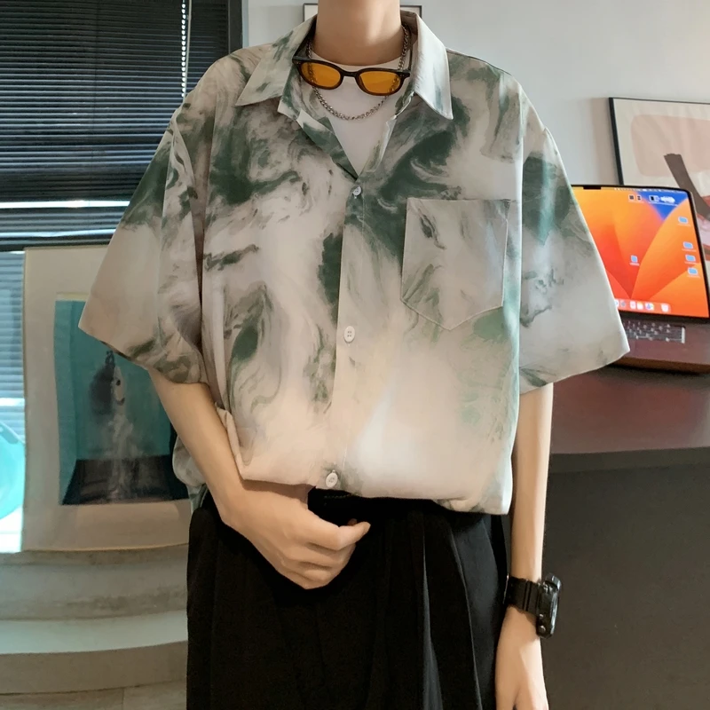 

Vintage Summer Tie Dye Painting Shirt Men Hip Hop Loose Short Sleeve Shirts Male Fashion Hawaii Button Streetwear Blouse Tops