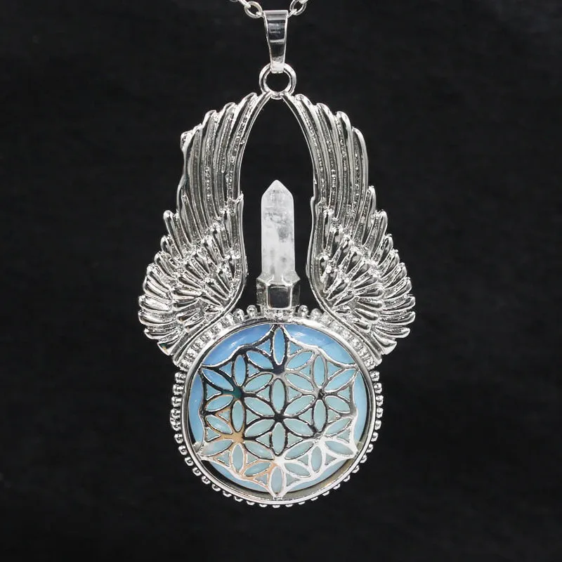 Natural Stone Pendant Reiki Women Angel Wings Hexagonal Round Flower of Life Necklace Wrapped Crystal Caller