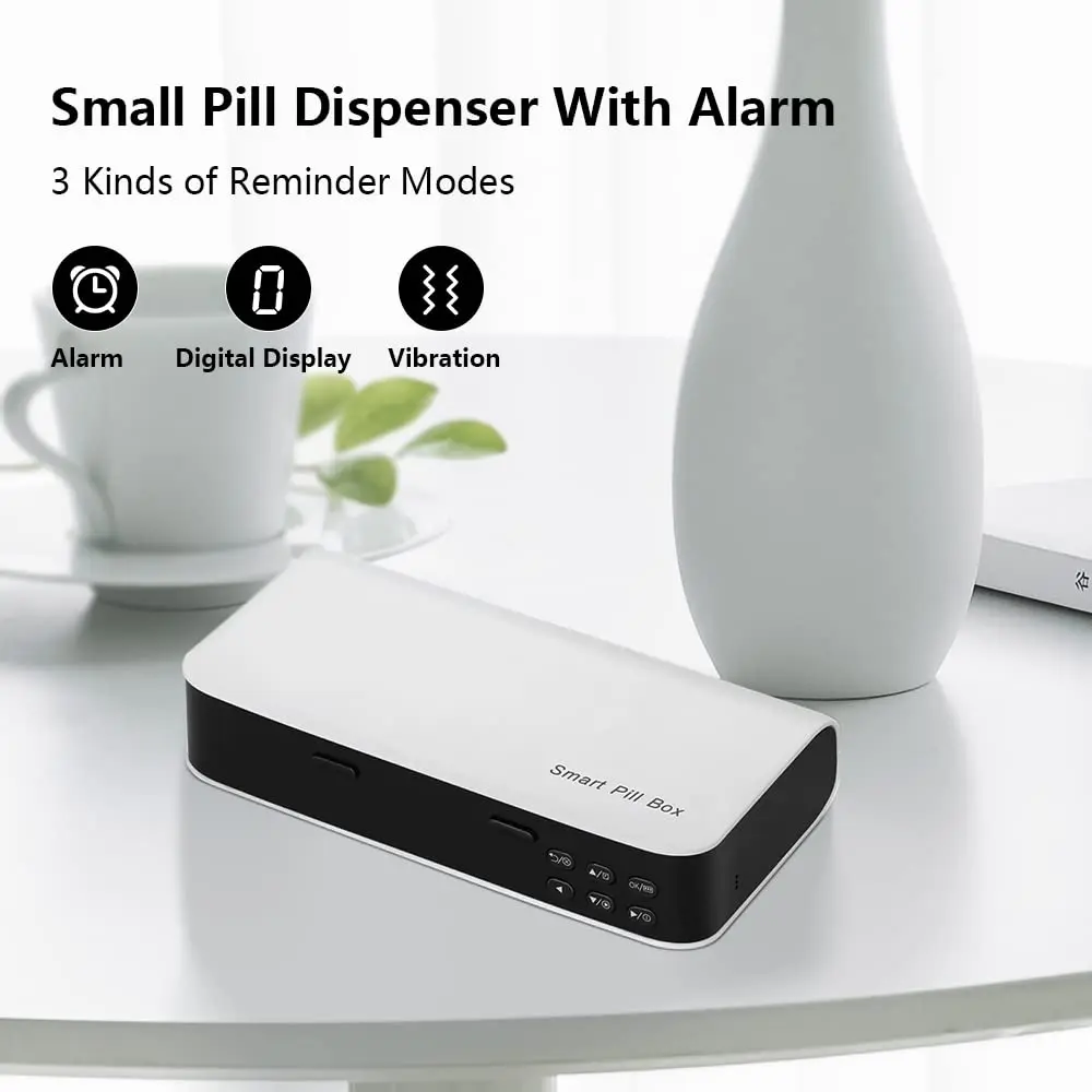 Mini Smart Pill Organizer Plastic Box Electronic Pill Reminder Digital Pill Box 7 Alarms Per Day Button Operation Medicine Spoon