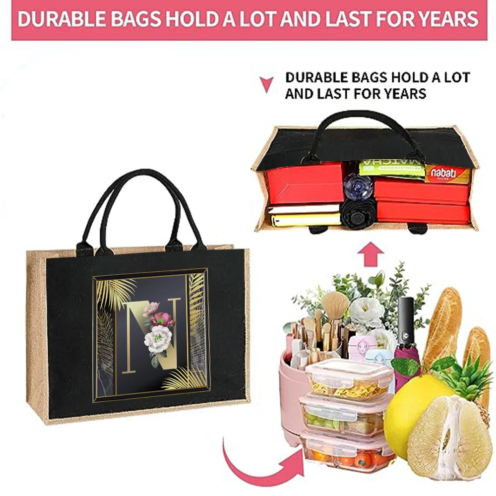 Golden Letter Series Print Pattern Jute Imitation Burlap Bag Women's Shopping Bag Environmentally Friendly Linen Shoulder Bags