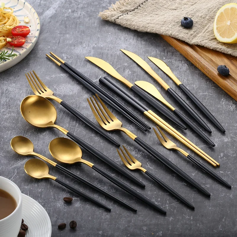 Alta calidad mateo 18/10 negro oro plata blanco rosa azul verde acero inoxidable estilo occidental vajilla cuchillo sopa cuchara ensalada pastel tenedor palillos lavavajillas juego de seguridad