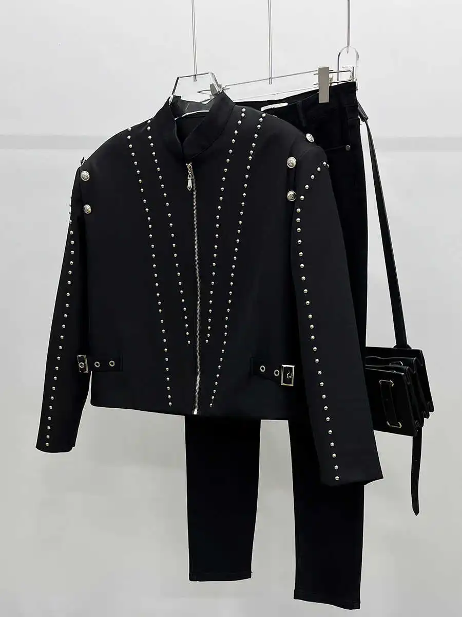 2024 Autumn New Fashion Men\'s Tops Stand Collar Rivet Jacket Masculinity Trendy Long Sleeve Jackets Male Solid Color Loose Coats