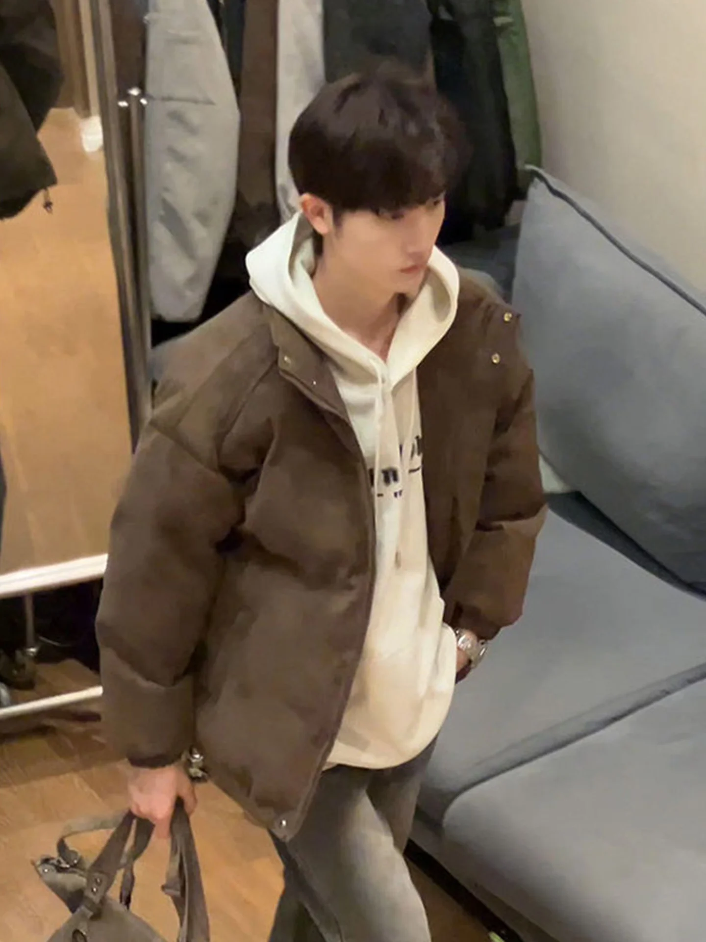 معطف Cie Brown ort Thiened من الجلد للرجال شتوي مصبوغ دافئ من القطن الأمريكي معطف رجالي كاجوال طويل Sve بسحاب #4