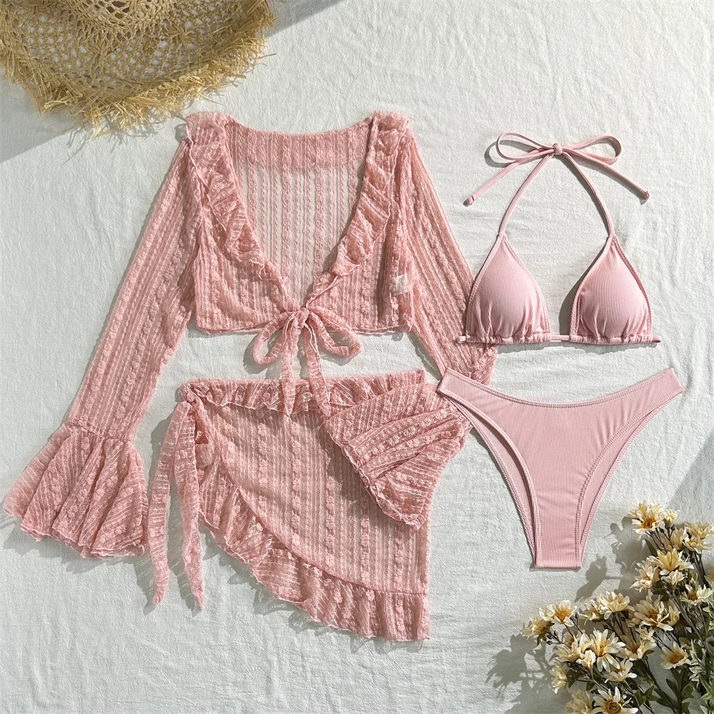

Cute Pink Bikinis Sets Long Sleeve Swimsuit Lace Cover Up Women Vacation Swimwear Purple Bikini Beach Thong Swimming Mesh Outfit