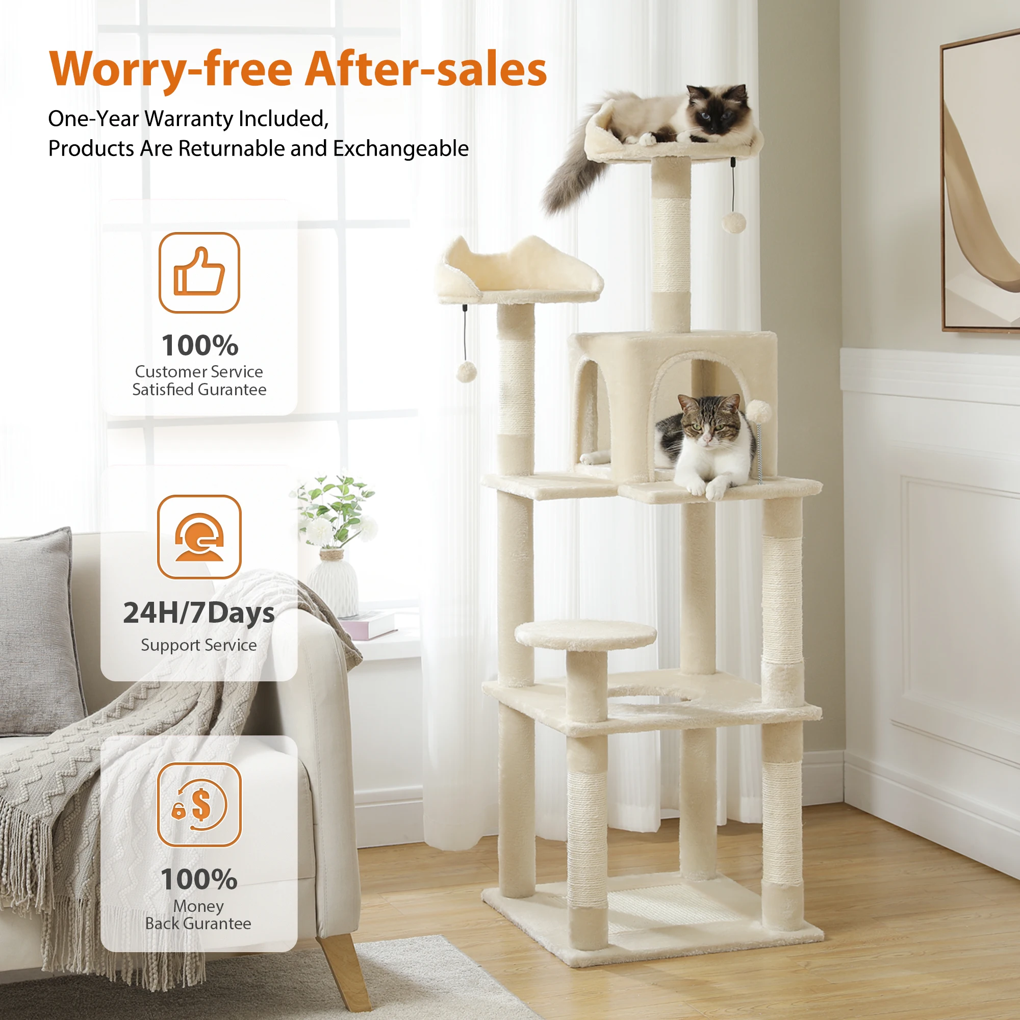 63'' Multi-Level Cat Tree Cat Tower for Indoor Cats with Sisal-Covered Scratching Post, Cozy Cat Condo, Cat Hammock and Wide Top