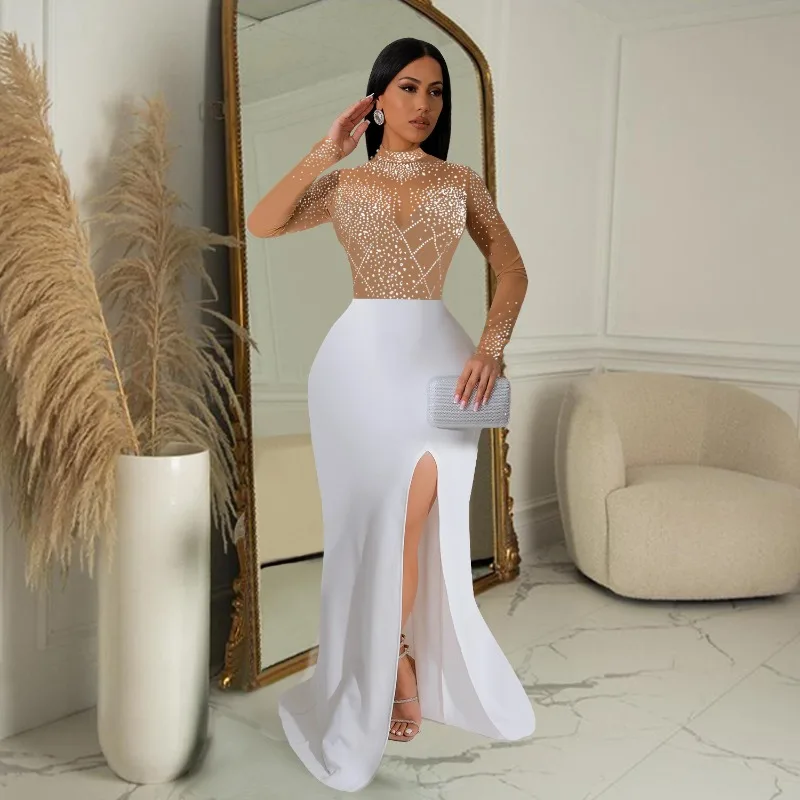 KEXU Sheer Mesh Hot Rhinestones Women Long Sleeve O-neck Bodycon Floor Length Maxi Dress Sexy Party Evening Prom Dresses