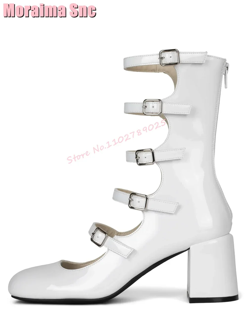 Fibbia per cintura Punta tonda Hollow Mary Janes Block Tacco grosso Cerniera posteriore Scarpe da donna in pelle verniciata Moda estiva Bianco Siolid Nuovo