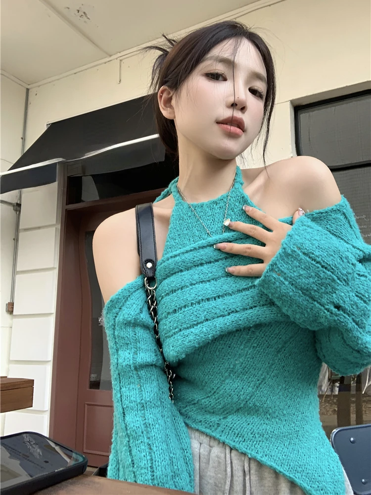 

2024 Autumn Sweaters Solid Color Halter Off Shoulder Patchwork Long Sleeve Irregular Pullovers Fashion Design Women Clothing