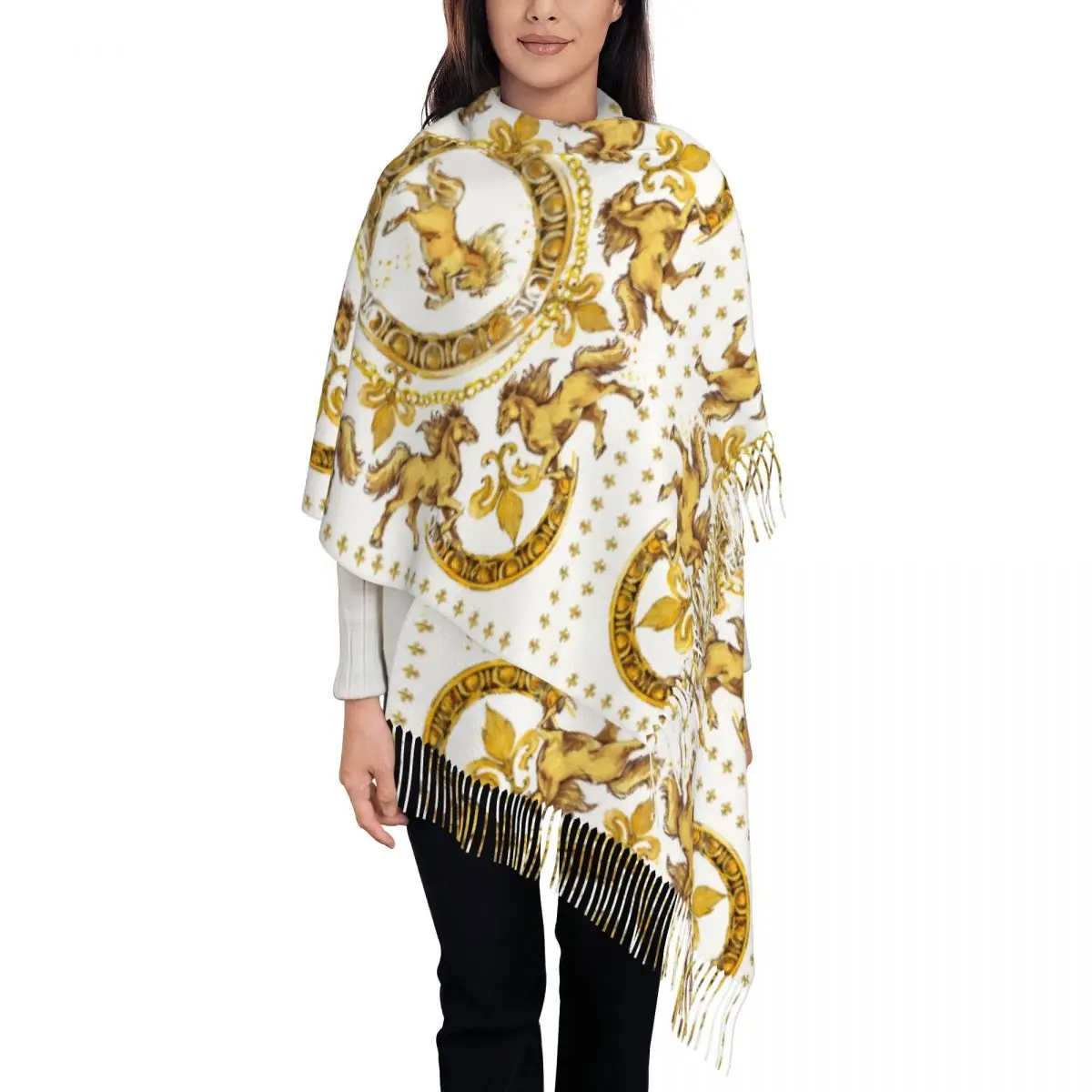 

Customized Printed Luxury Golden Horses European Floral Scarf Women Men Winter Warm Scarves Shawl Wrap