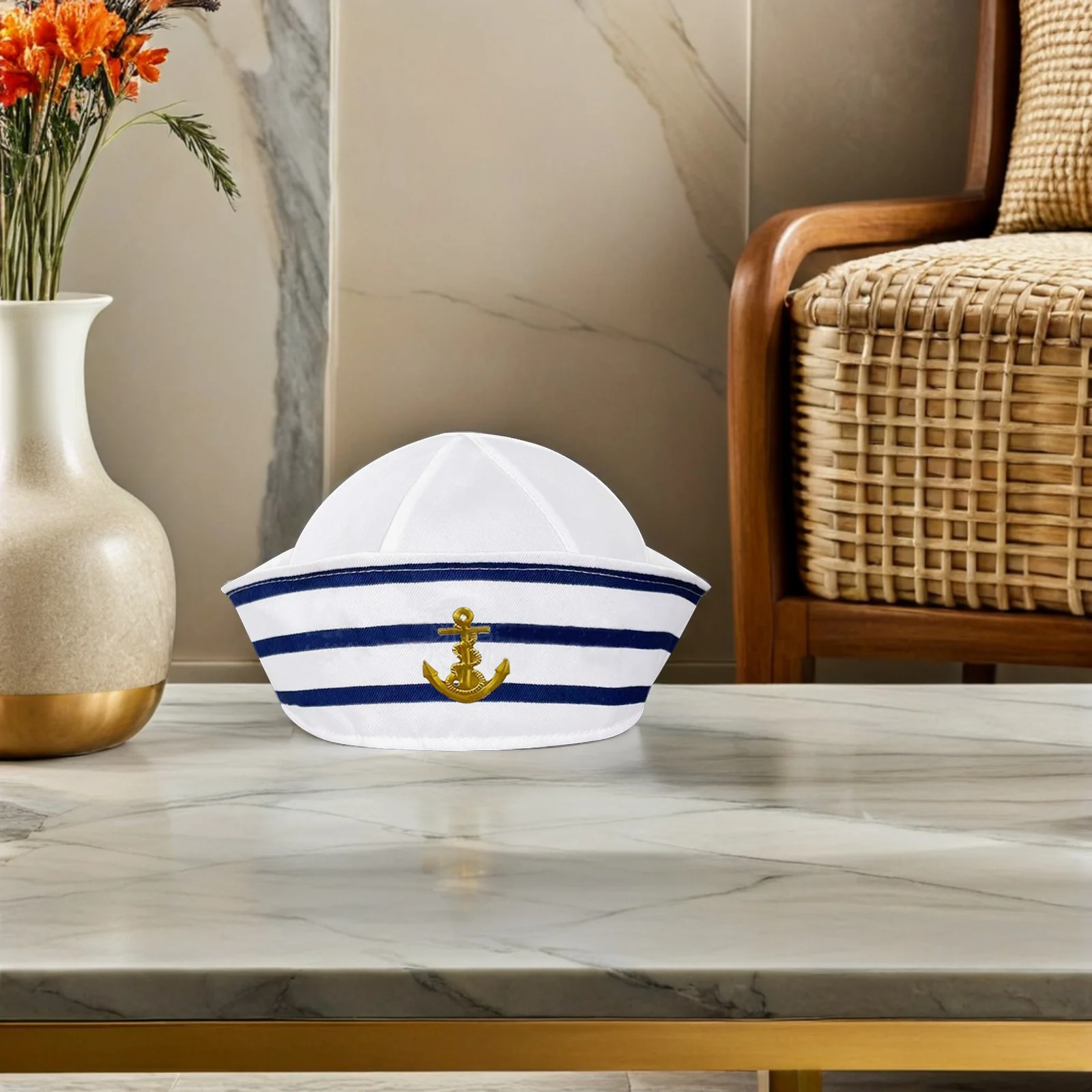 หมวกกะลาสีลายทางสีน้ำเงินขาว 56 ซม. ไม่มีปีก ปิดผนึกเต็มใบ สำหรับคอสเพลย์ กัปตัน ผู้ชาย ผู้หญิง การแสดงบนเวที อุปกรณ์ประกอบฉากกองทัพเรือ