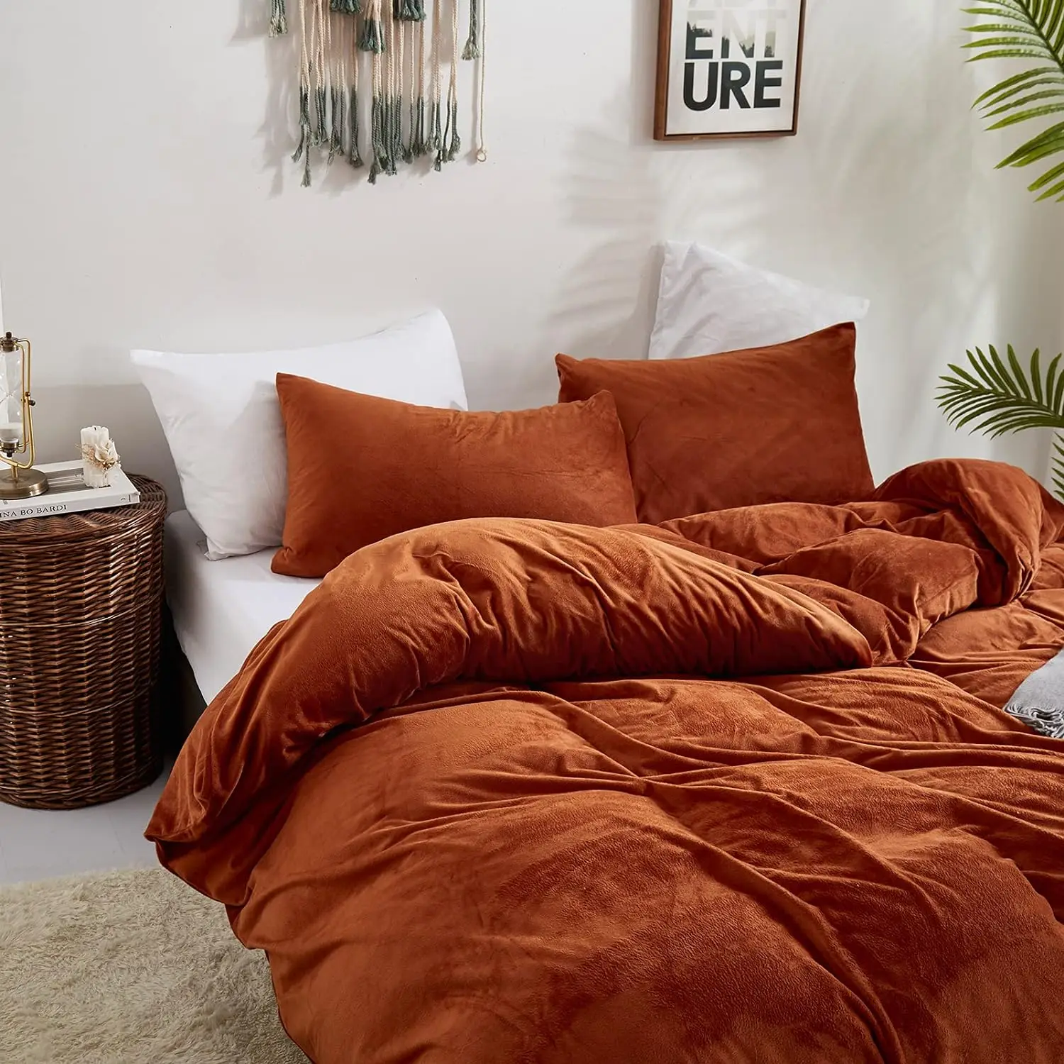 Copripiumino in velluto arancione bruciato Set biancheria da letto soffice Queen Rust Set completo di Terracotta cannella